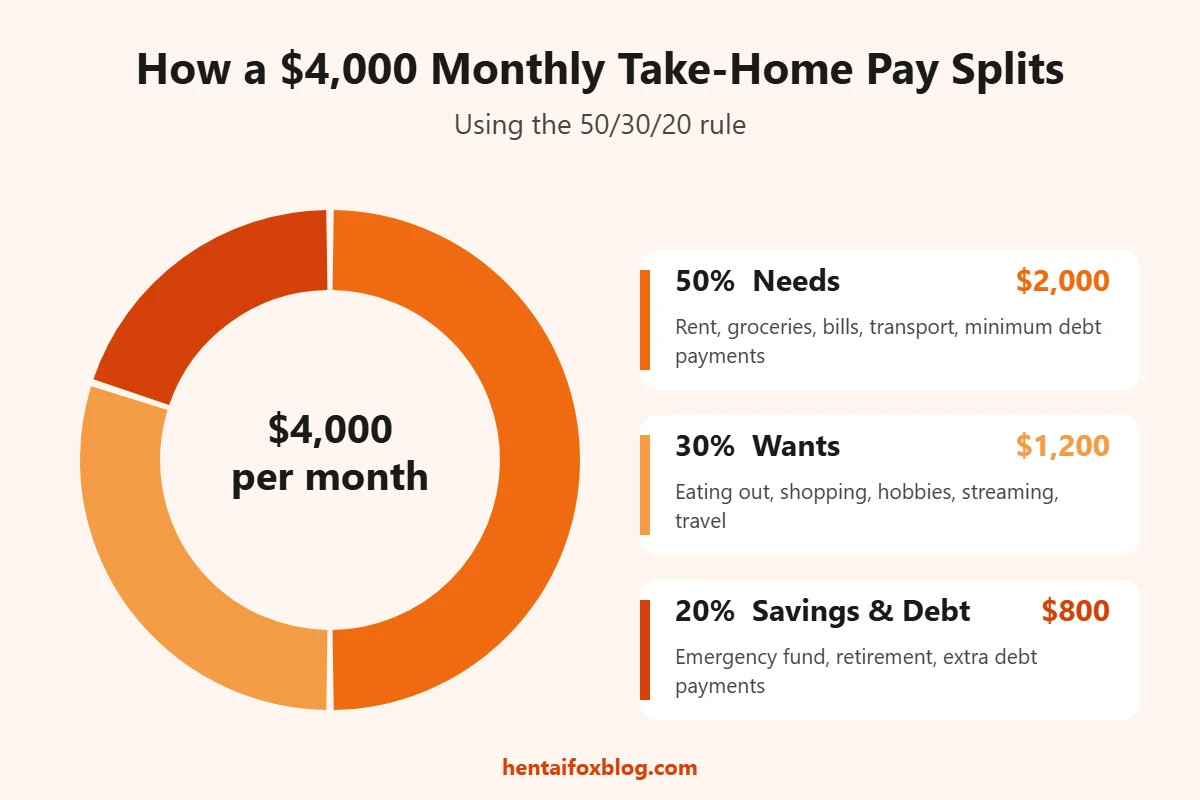 50 30 20 rule example showing how a $4,000 monthly take-home pay splits into needs, wants and savings