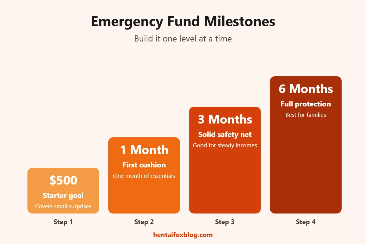 Emergency fund milestones from a $500 starter goal to six months of expenses